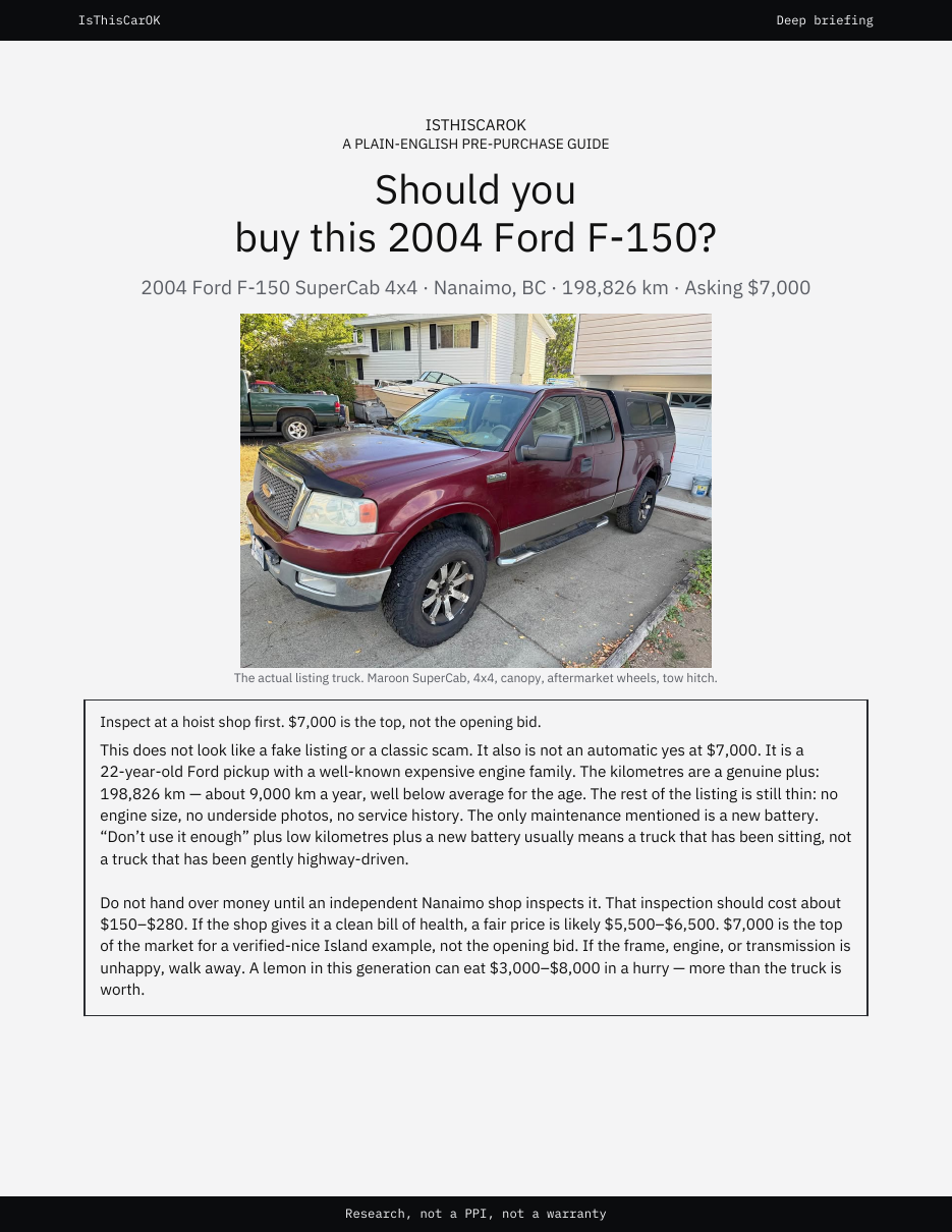 Sample report cover for a 2004 Ford F-150 SuperCab in Nanaimo, asking $7,000.